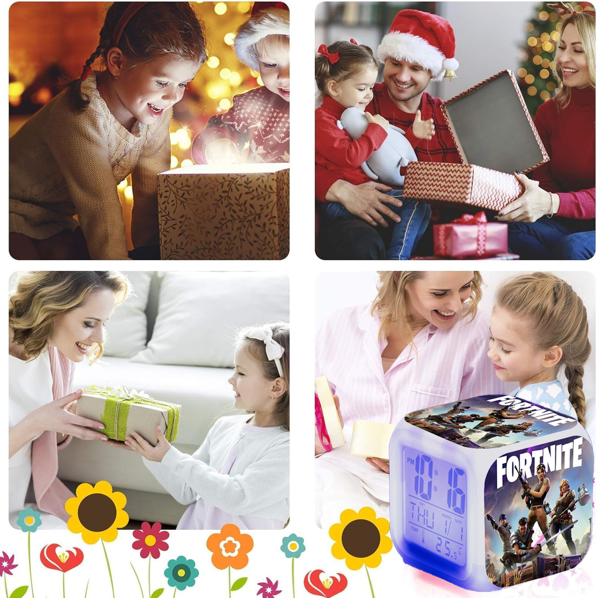 Vier Szenen von Familien, die Geschenke an Weihnachten und im Alltag öffnen.
