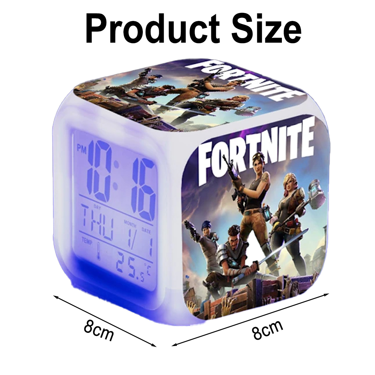 Ein würfelförmiger digitaler Wecker mit Fortnite-Motiv und blauer Hintergrundbeleuchtung.