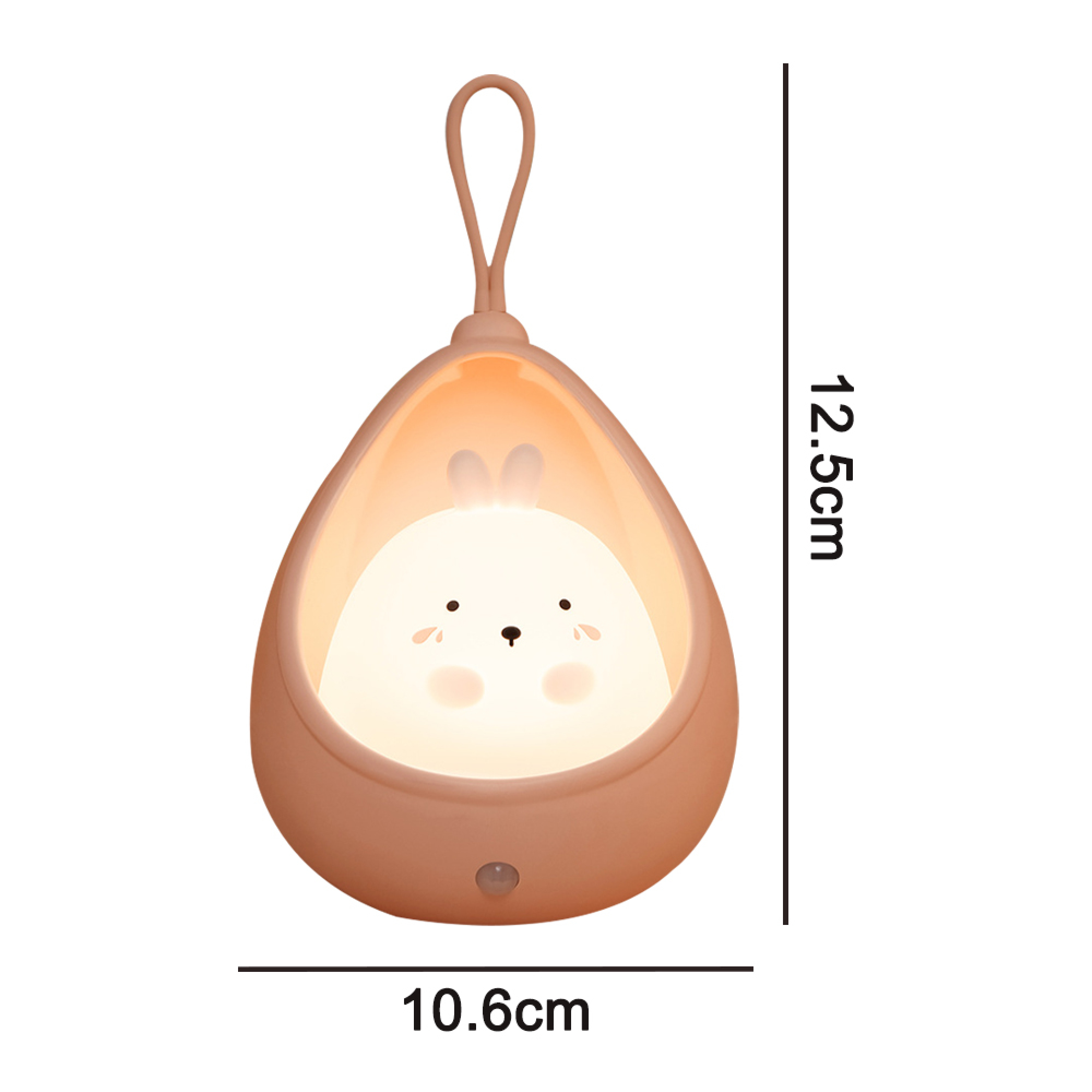 Eine niedliche Lampe in Form eines Hasen mit rosafarbenem Gehäuse und Hängegriff.