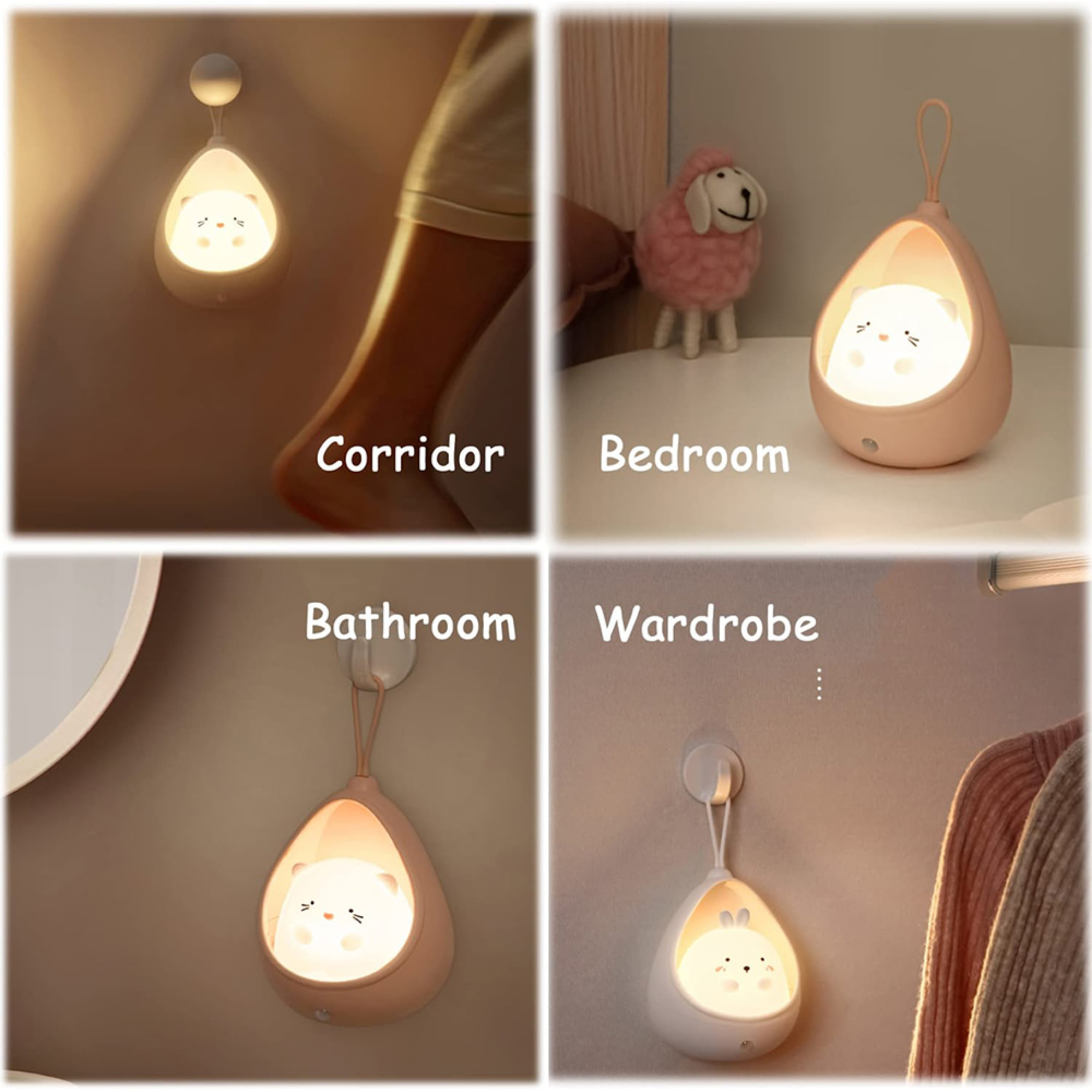 Ein niedliches Nachtlicht in Tierform beleuchtet einen Korridor, ein Schlafzimmer, ein Badezimmer und eine Garderobe.
