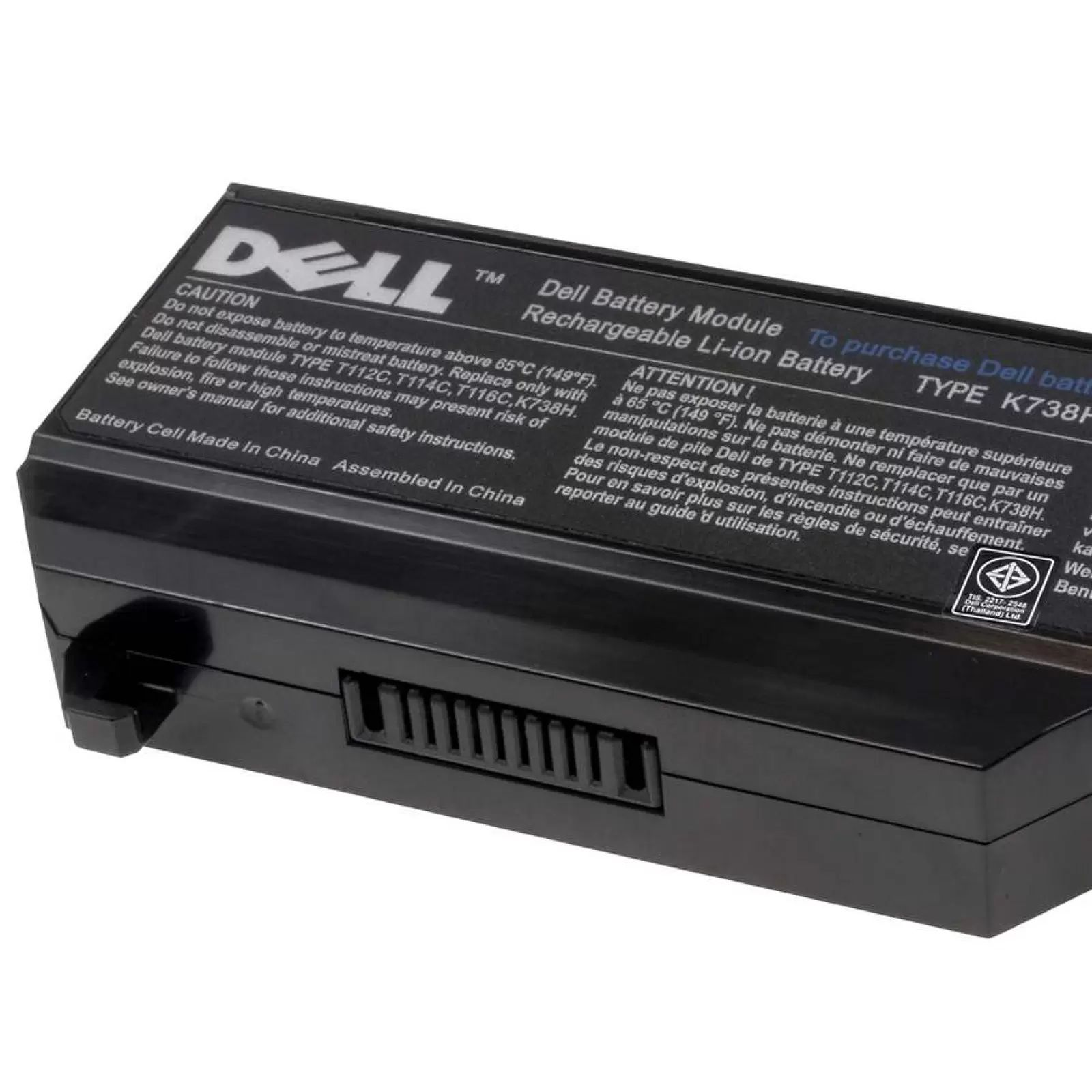 Schwarzer Dell Laptop-Akku mit Warnhinweisen und Modellnummer K738H.