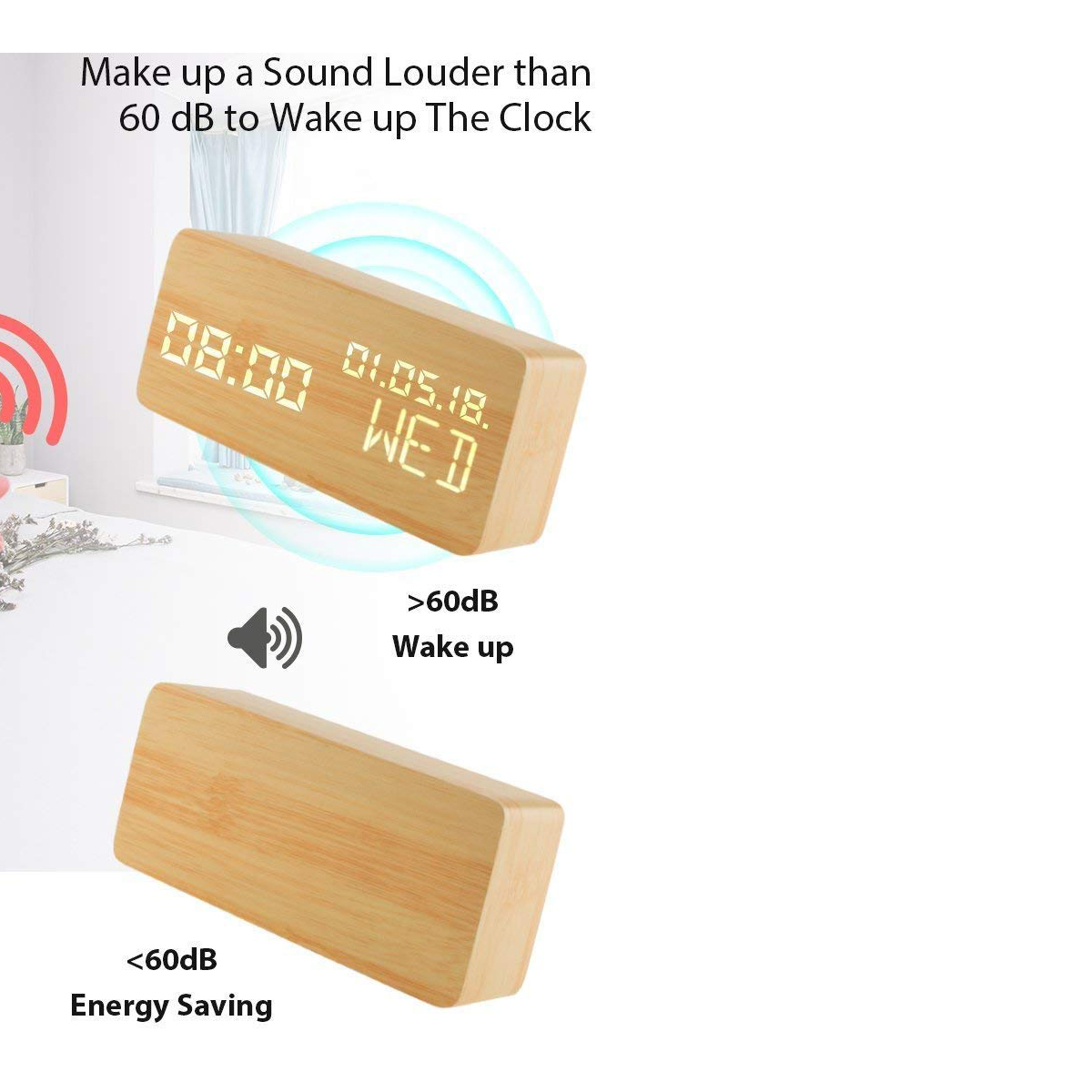 Ein Holzdigitalwecker zeigt 8:00 Uhr und Datum an. Lautstärke <gt/>60 dB weckt auf.