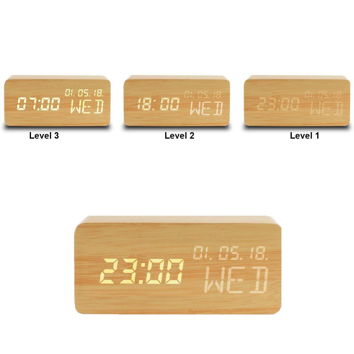 Holzwecker mit digitaler Anzeige: 07:00, 18:00, 23:00.