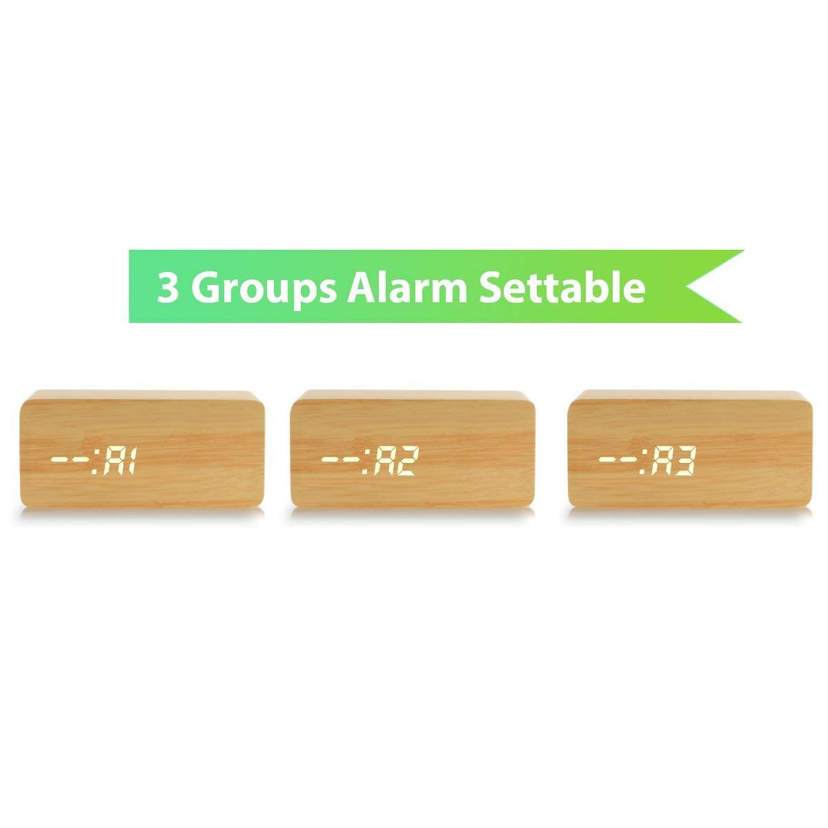 Drei Holzwecker mit digitalen Anzeigen: A1, A2, A3. Banner: 3 Gruppen Alarm einstellbar.