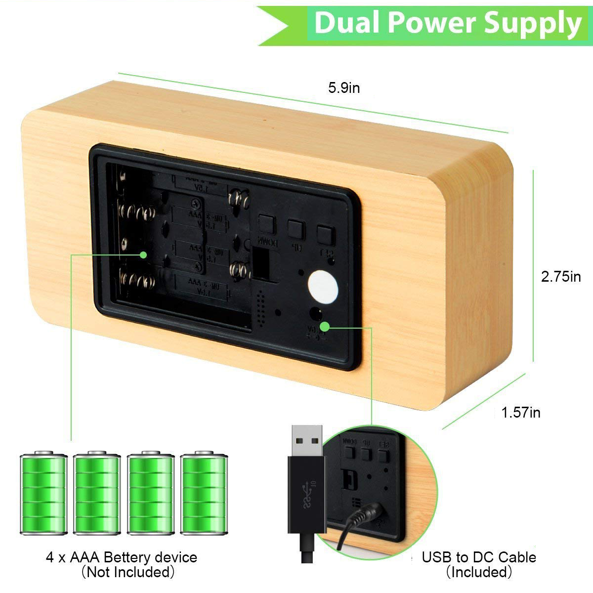 Holzwecker mit Batteriefach und USB-Anschluss. Maße angegeben.