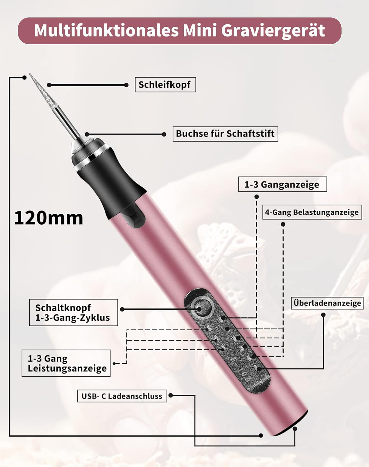 Ein roségoldenes Multifunktions-Graviergerät mit Schleifkopf, Bedienelementen und USB-C-Anschluss.