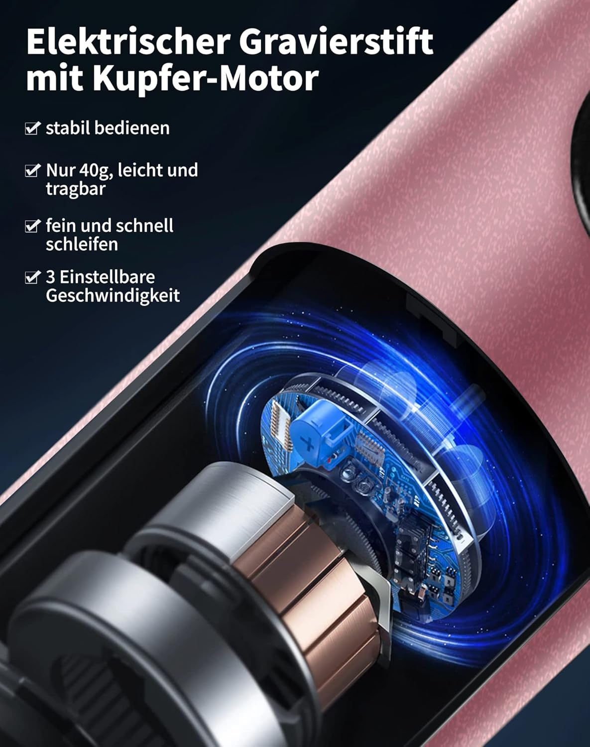 Elektrischer Gravierstift mit Kupfermotor, leicht und tragbar.