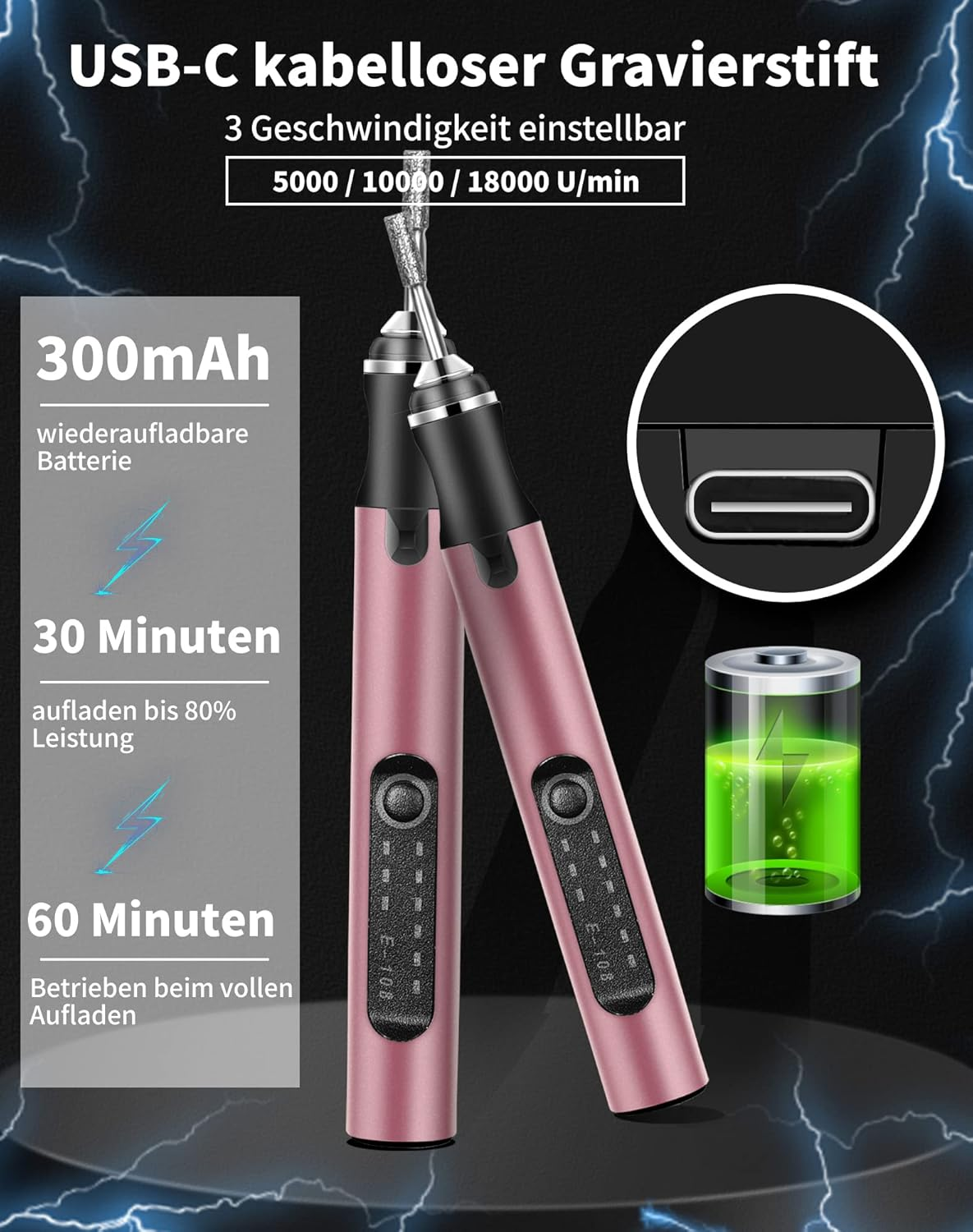 Zwei rosafarbene Gravierstifte mit USB-C, 3 Geschwindigkeiten, 300mAh Akku.