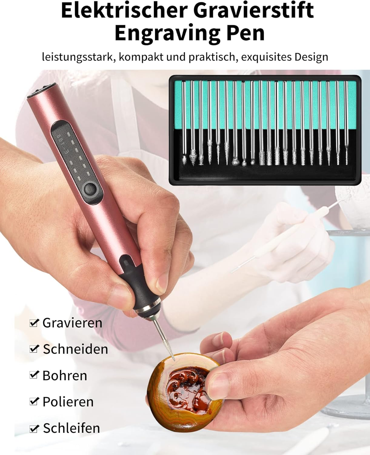 Ein Gravierstift wird auf einem Holzobjekt verwendet. Zubehör ist im Hintergrund.