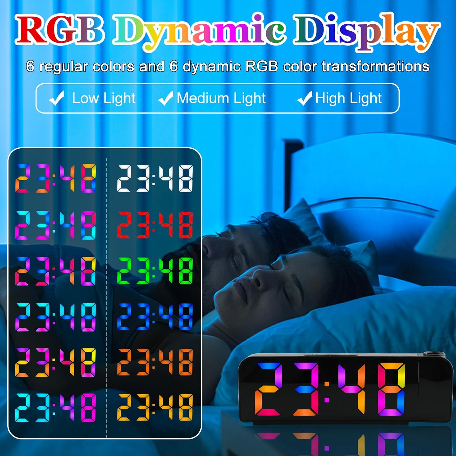 Ein digitaler Wecker zeigt 23:48 in verschiedenen RGB-Farben an, daneben schlafen Menschen.