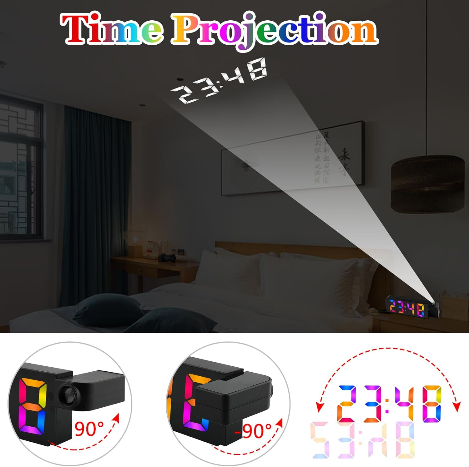 Digitaluhr mit Farbdisplay projiziert die Zeit 23:48 an eine Wand.