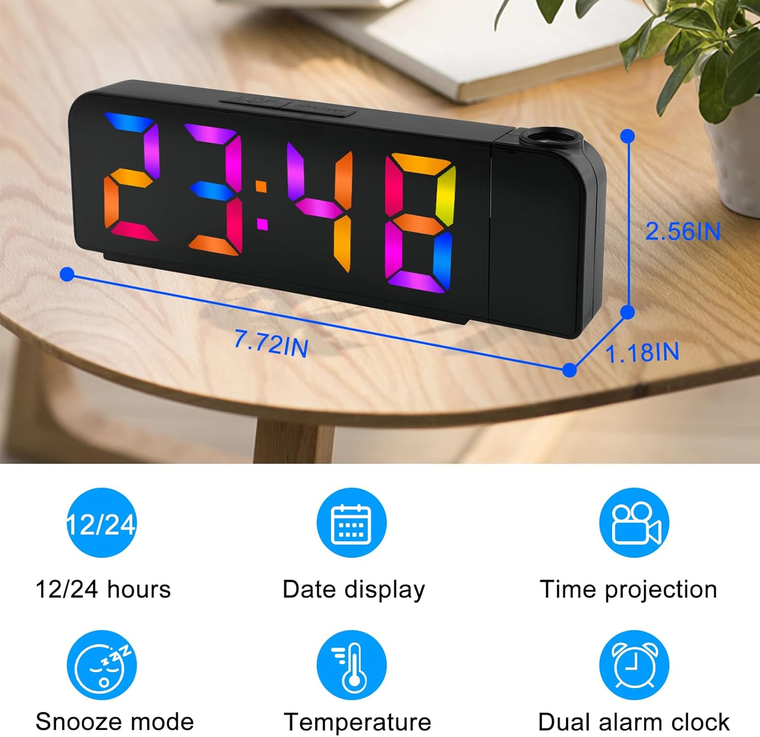 Digitaluhr mit farbiger Zeitanzeige, 7,72 Zoll lang, 2,56 Zoll hoch.