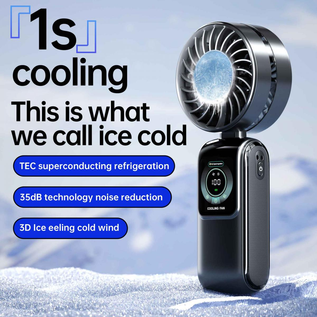 Schwarzer Kühlventilator mit eisblauem Licht und Digitalanzeige auf Schnee.