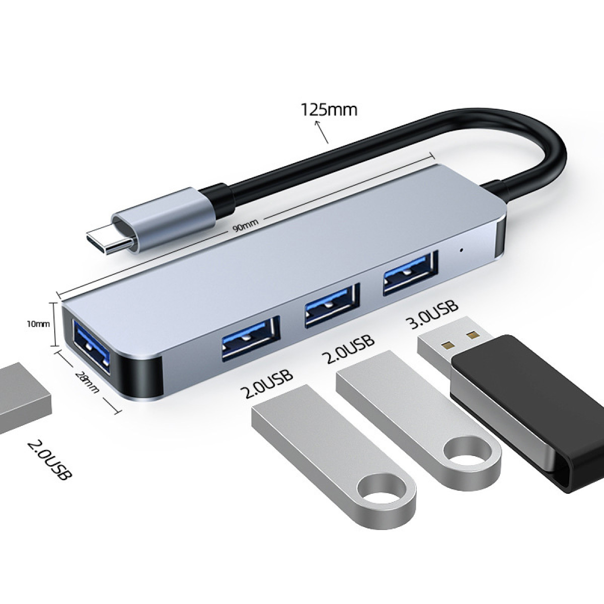 Silberne USB C-Hub mit 3 USB-Anschlüssen und 2 USB-Laufwerken auf weißem Grund.