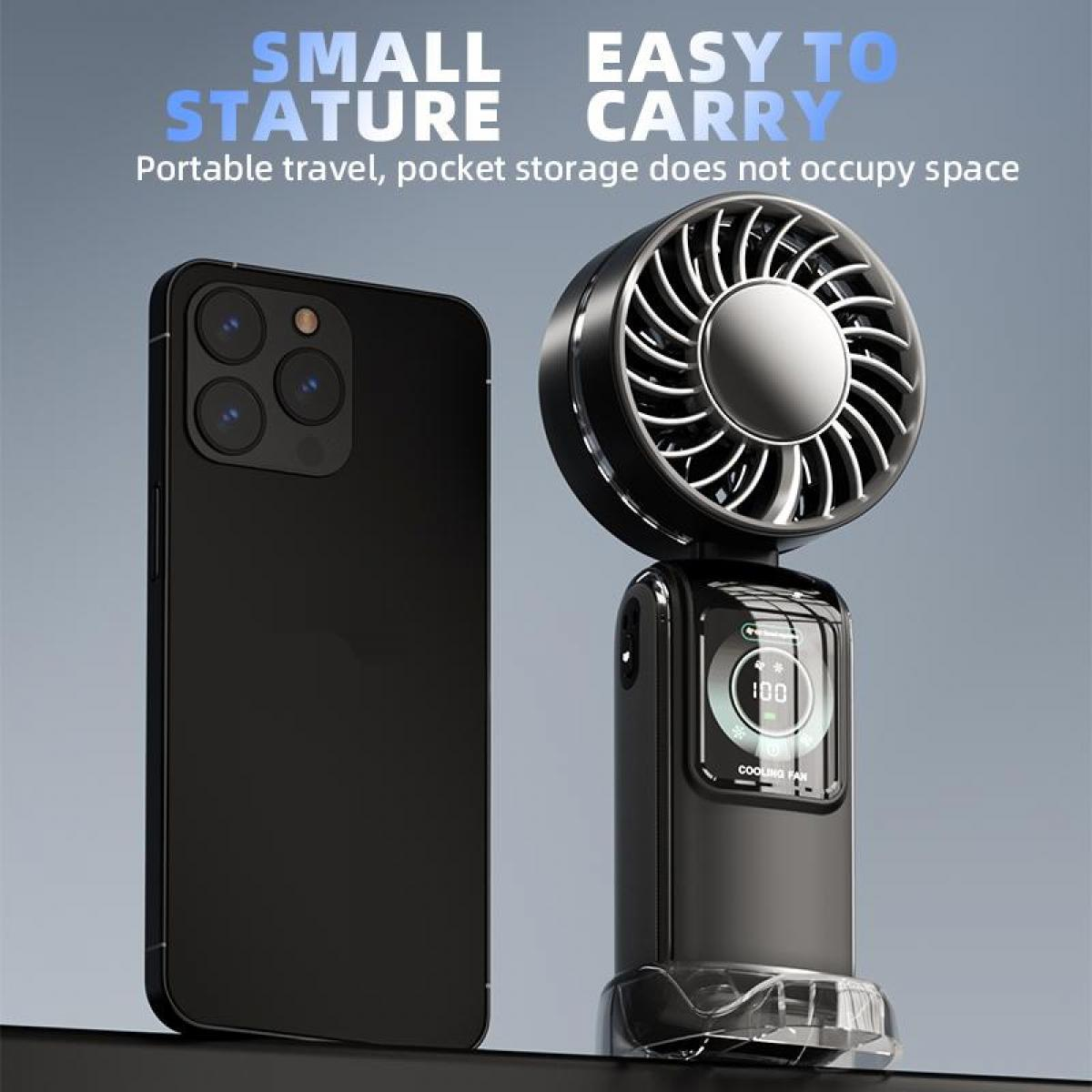 Ein schwarzes Smartphone neben einem kleinen schwarzen Ventilator mit digitaler Anzeige.