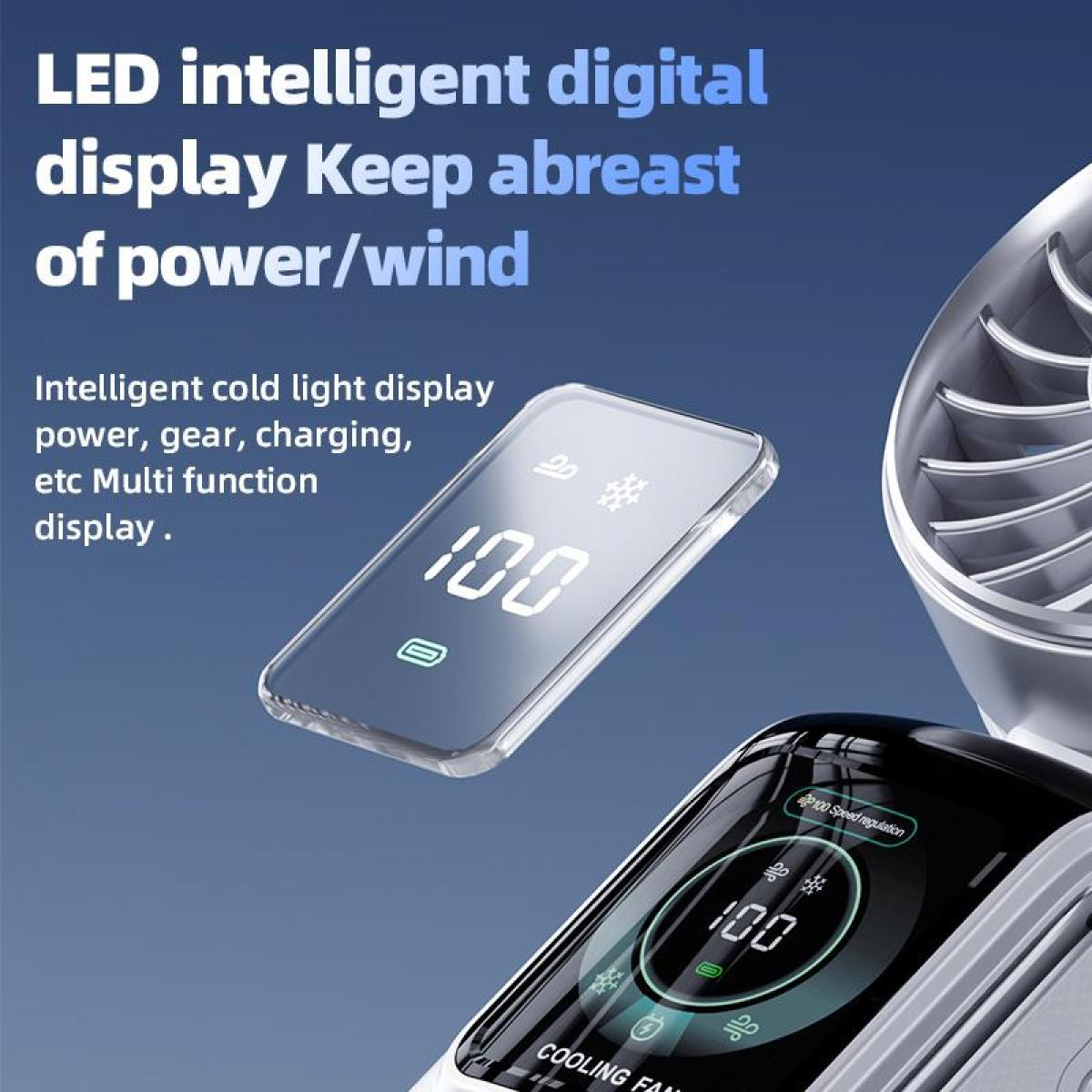 Ein Lüfterdisplay zeigt 100 an. Ein weiteres Display zeigt 100 an. Blaue Schrift hebt Produkt hervor.