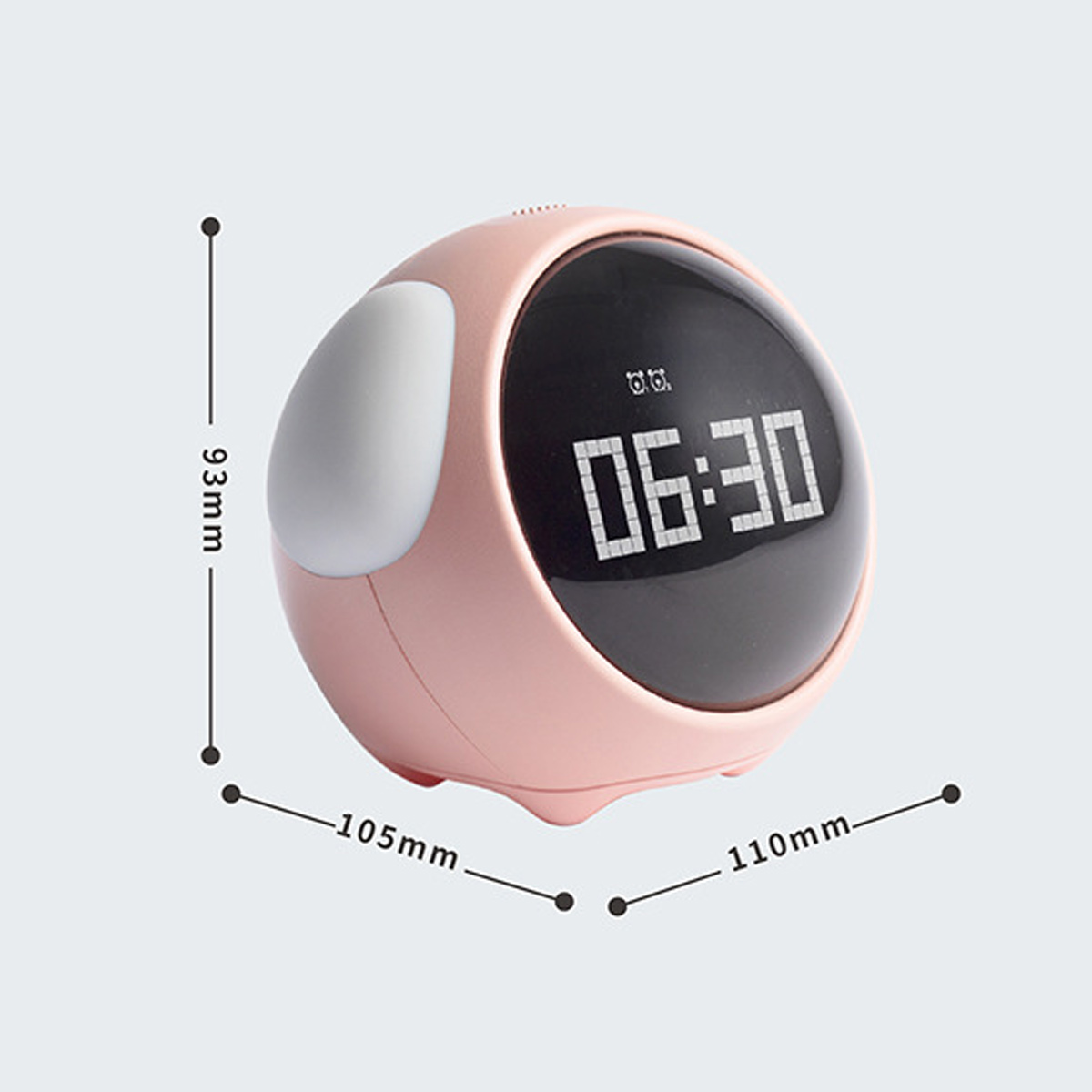 Ein rosafarbener Wecker mit digitaler Anzeige 06:30 und einem weißen Seitenteil.