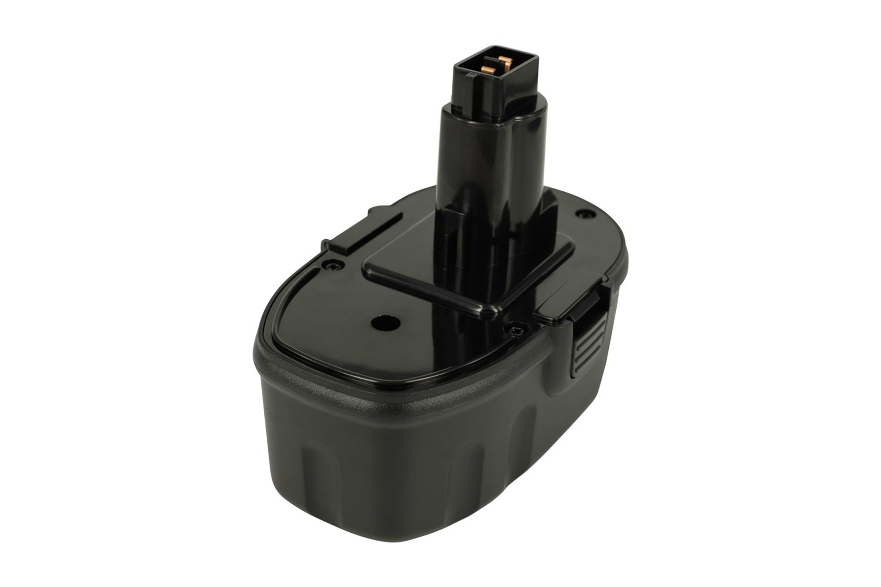 Schwarzer Akku für Elektrowerkzeuge mit Kontakten oben.