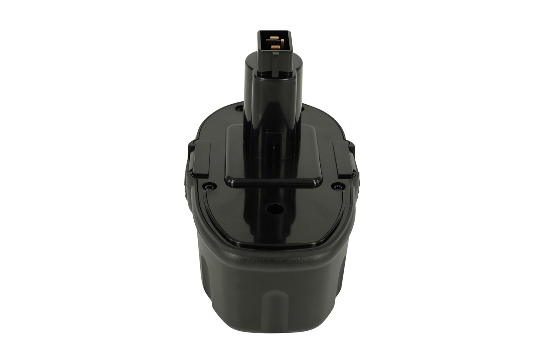 Schwarzer Akku mit zwei Anschlusspunkten oben und schwarzem Gehäuse.