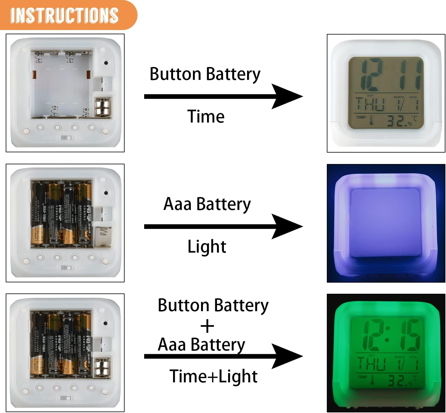Anleitung: Uhr mit Knopfzelle zeigt Zeit, mit AAA-Batterien leuchtet sie, mit beidem zeigt sie Zeit und leuchtet.