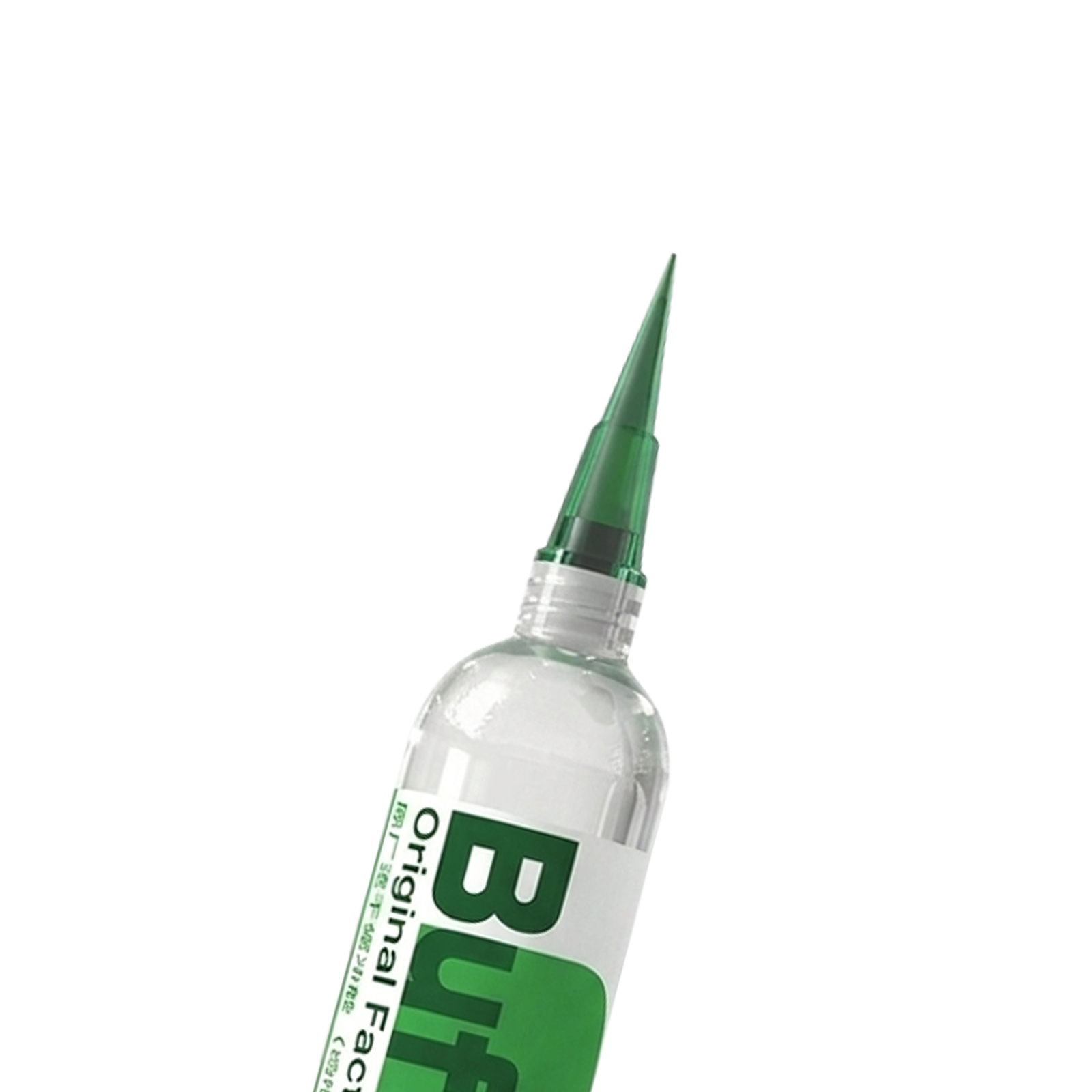 Klare Flasche mit grünem Verschluss und Spitze, Etikett „Buff Original Fact“.
