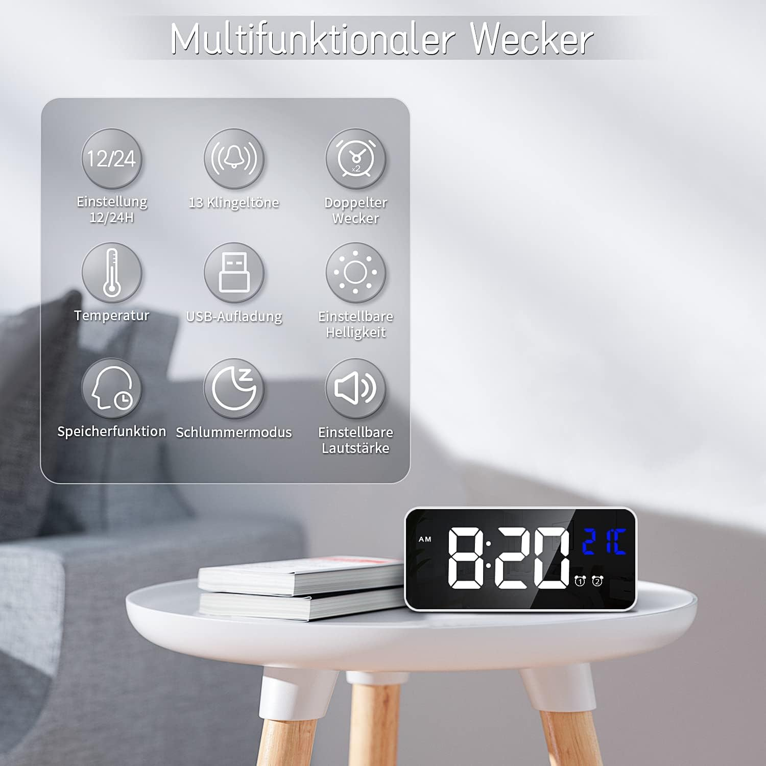 Ein digitaler Wecker mit verschiedenen Funktionen wie 12/24h, Klingeltöne, Temperaturanzeige.