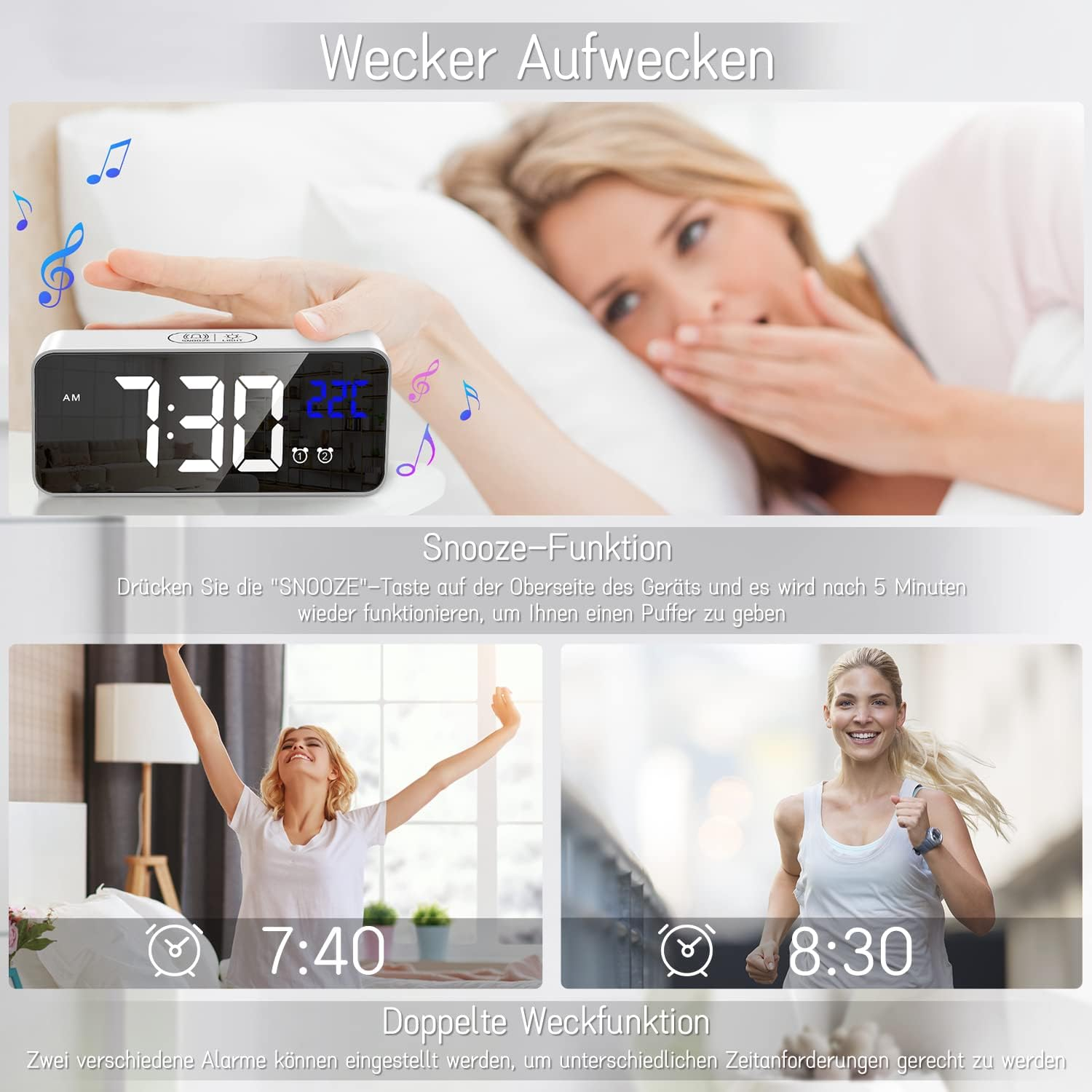 Wecker zeigt 7:30. Frau gähnt. Frau streckt sich um 7:40. Frau läuft um 8:30.