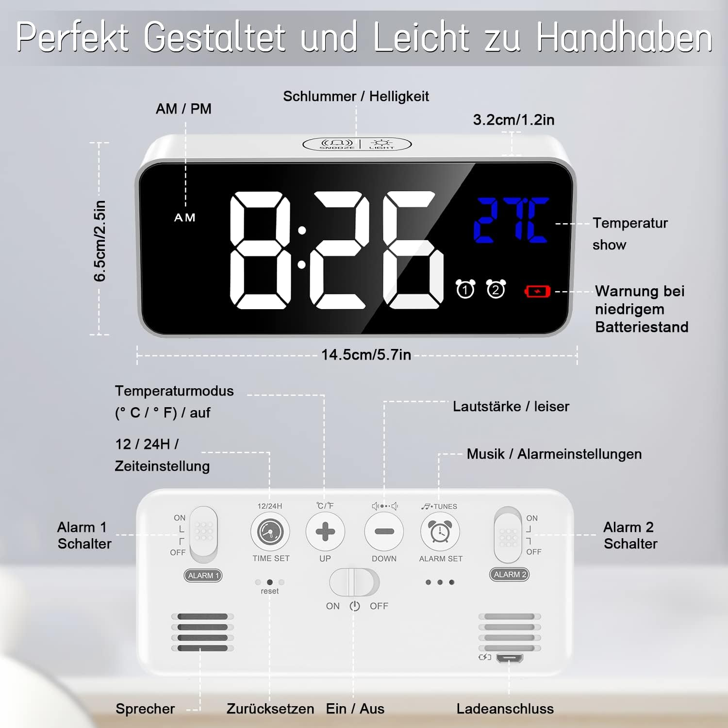 Digitaluhr mit Temperaturanzeige, Alarmfunktionen und Ladeanschluss.