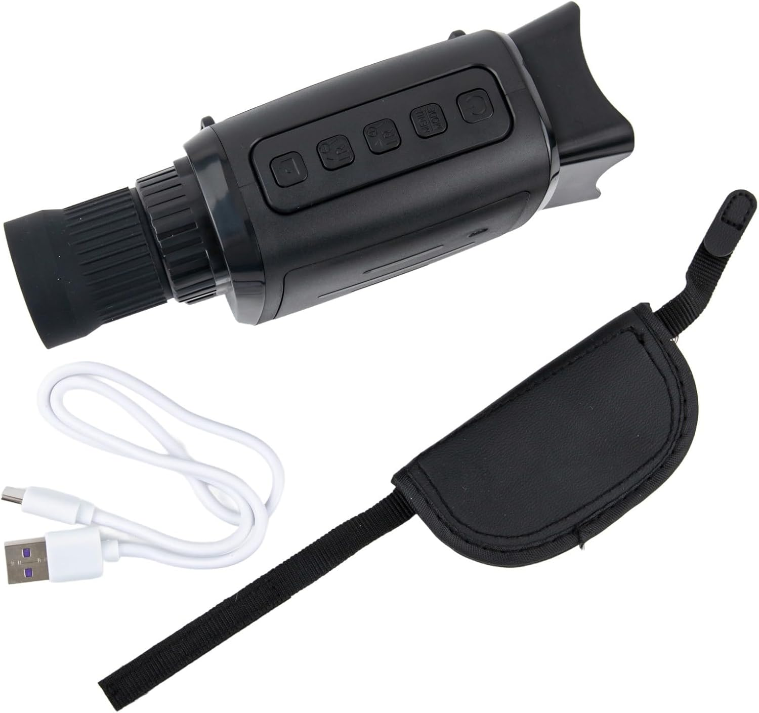 Ein schwarzes Nachtsichtgerät mit USB-Kabel und Tragegurt auf weißem Hintergrund.
