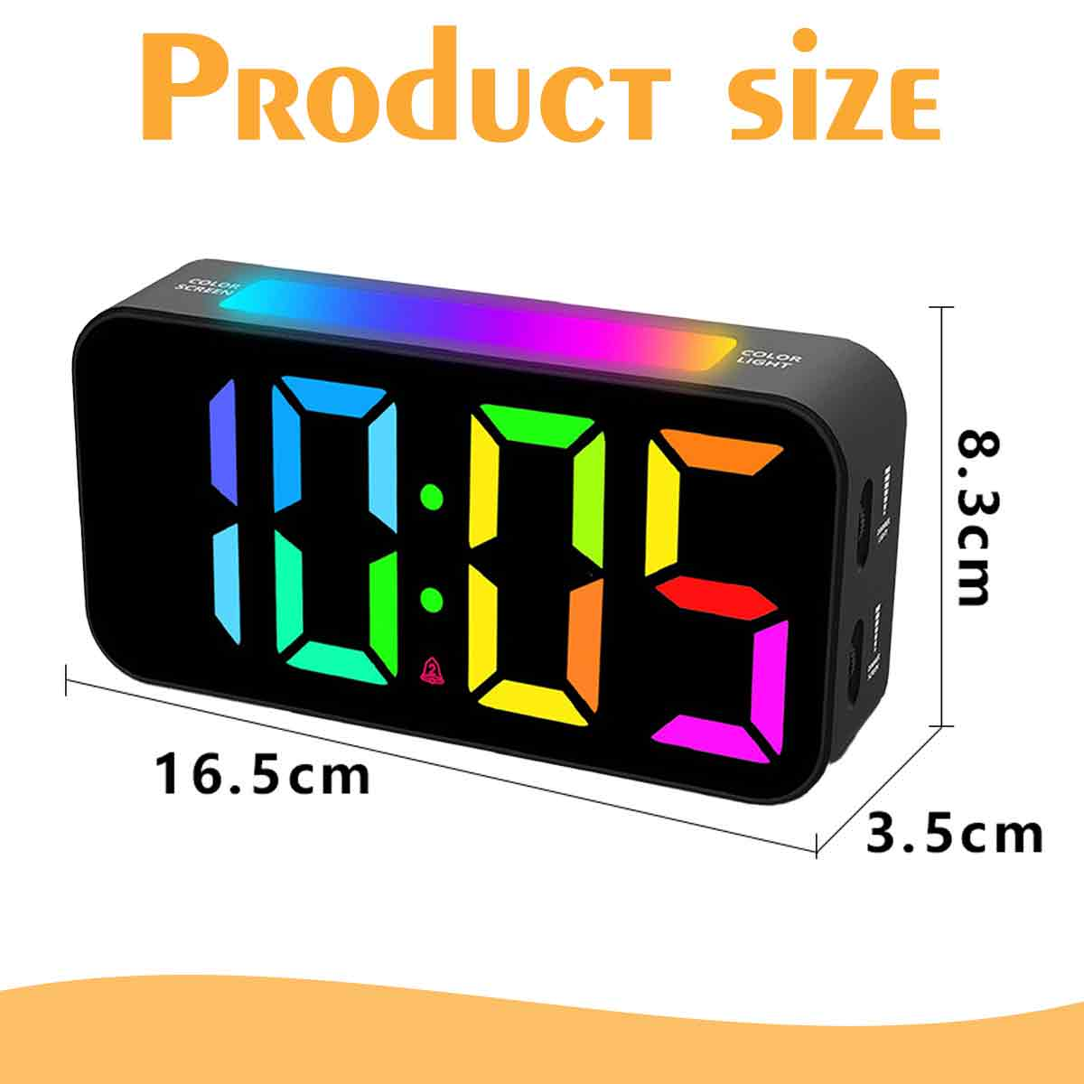 Digitaler Wecker mit buntem Display, zeigt 10:05 Uhr. Maße: 16,5x8,3x3,5cm.