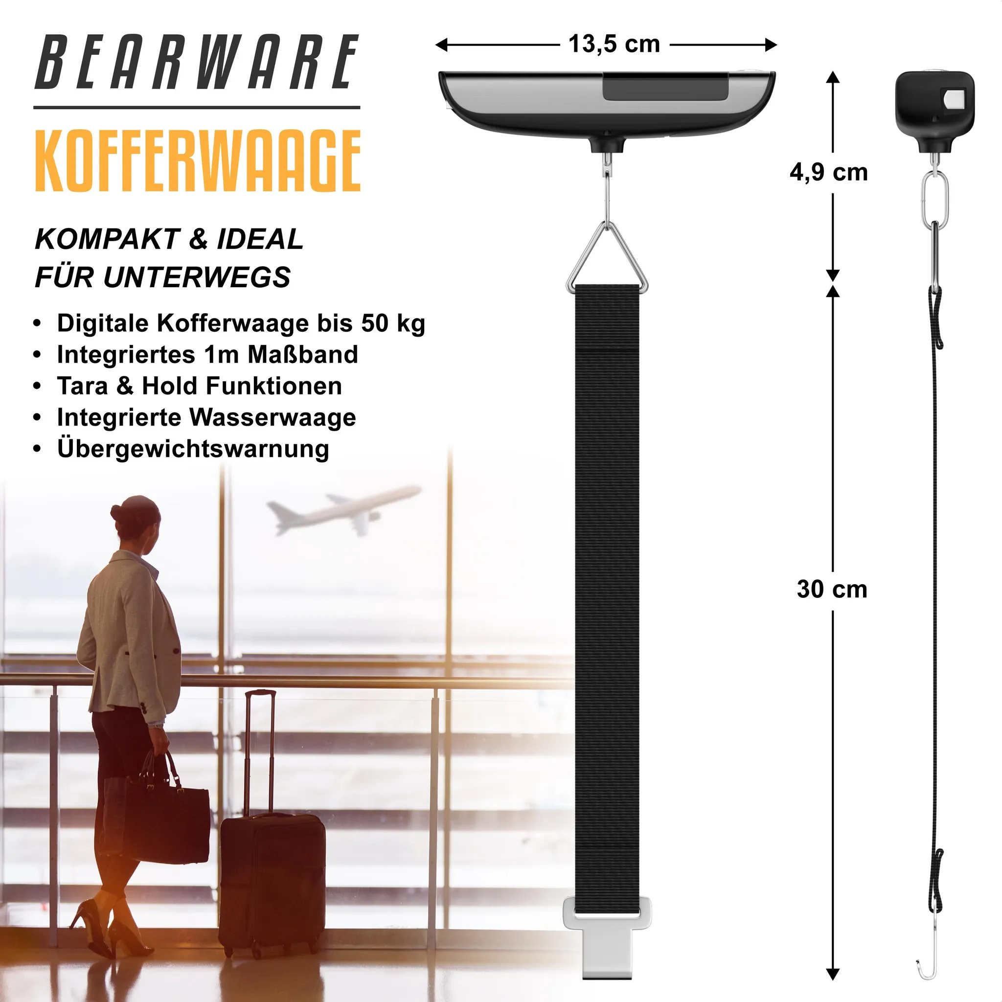 Digitale Kofferwaage mit Maßband, Waage und Warnung. Maße: 13,5x4,9x30cm.