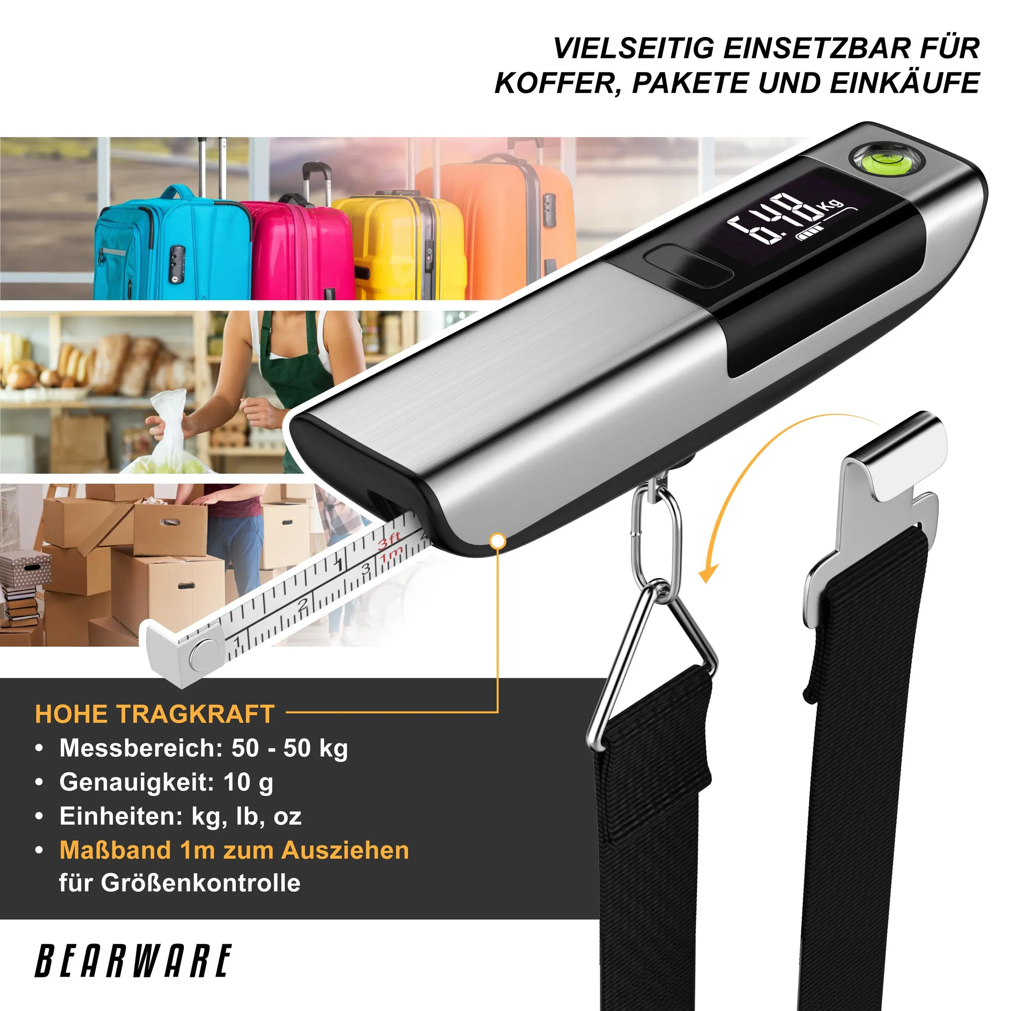 Digitale Gepäckwaage mit Maßband, zeigt 6.48 kg an. Vielseitig für Koffer, Pakete, Einkäufe.