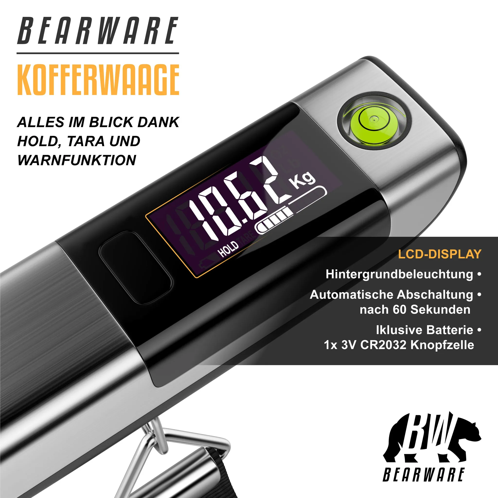 Digitale Kofferwaage mit LCD-Display, zeigt 10,62 kg an. Silberfarben.