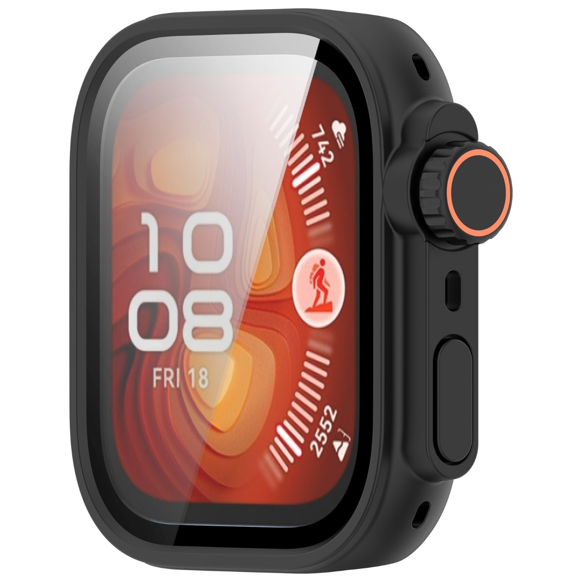 Schwarze Smartwatch mit orangenem Zifferblatt, zeigt 10:08 Uhr, Freitag 18.