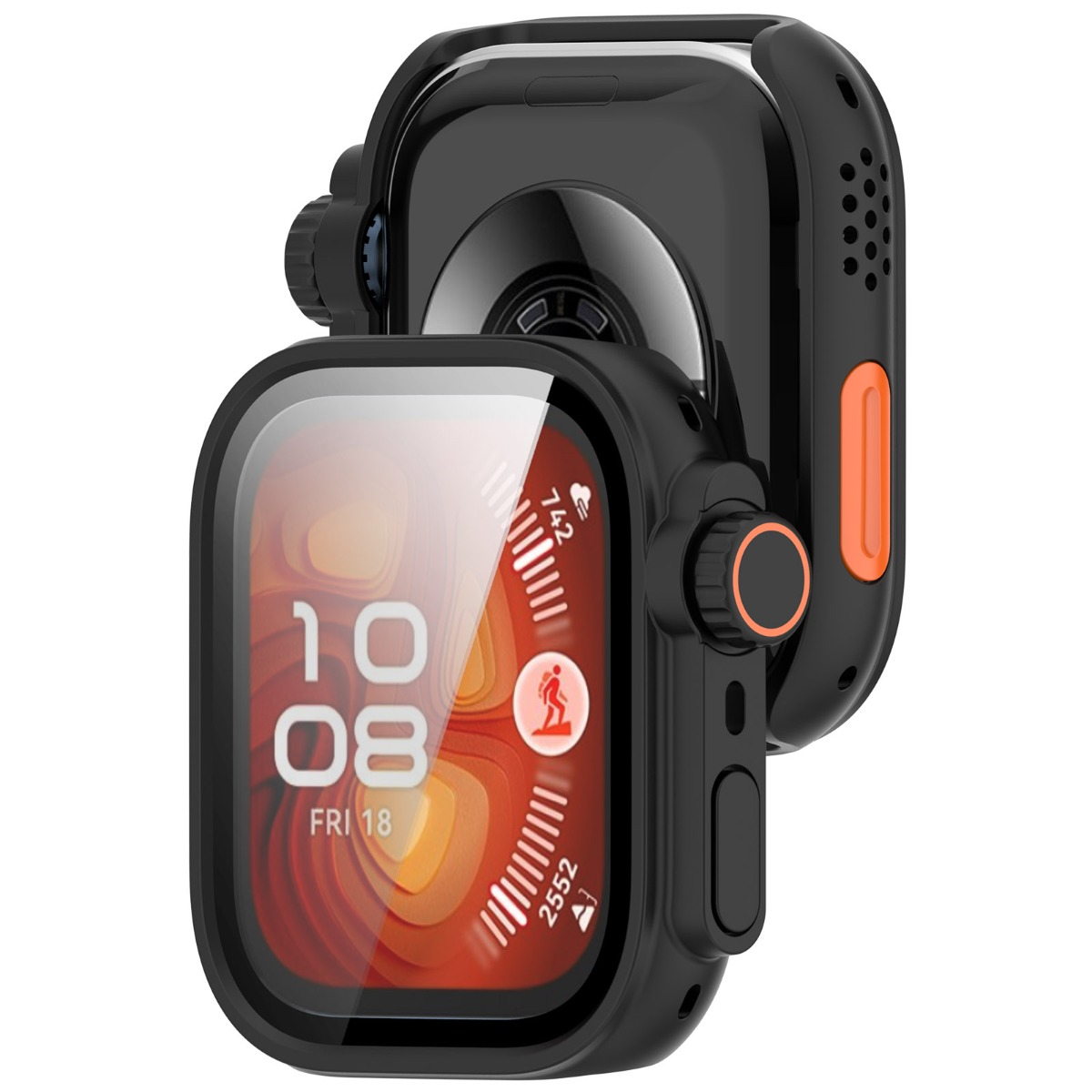 Schwarze Smartwatch mit orangen Akzenten, die auf einem weißen Hintergrund steht.