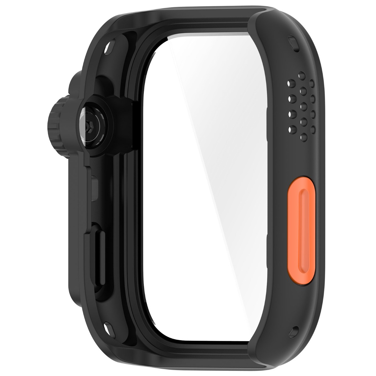 Schwarzes Uhrengehäuse mit orangem Knopf und transparentem Display-Schutz.