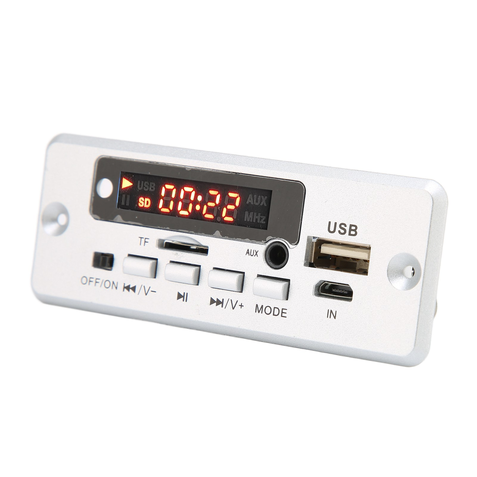 Silbernes Audiomodul mit rotem Display, USB-, TF- und AUX-Anschlüssen.