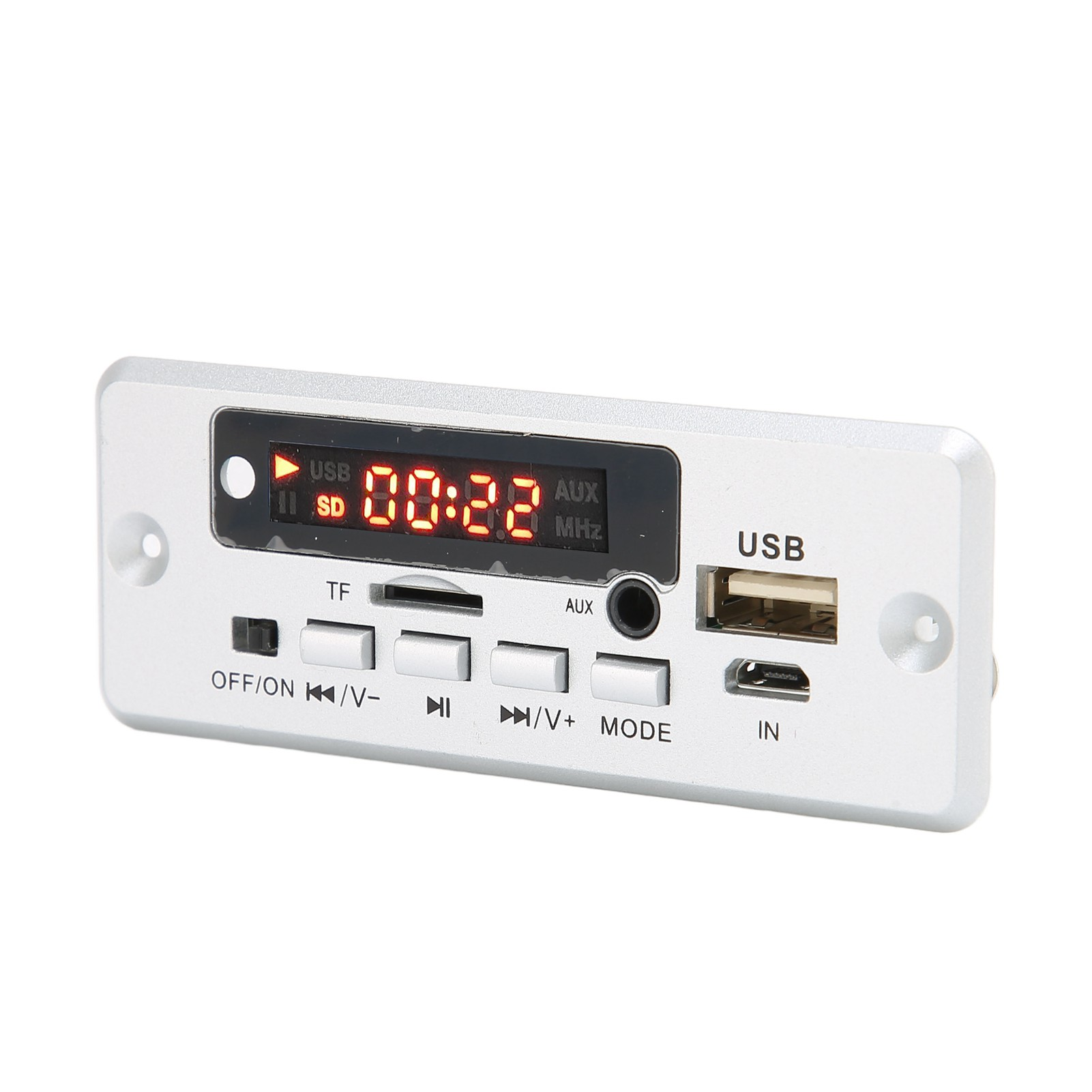 Silbernes MP3-Decoder-Board mit rotem Display, Tasten und Anschlüssen.