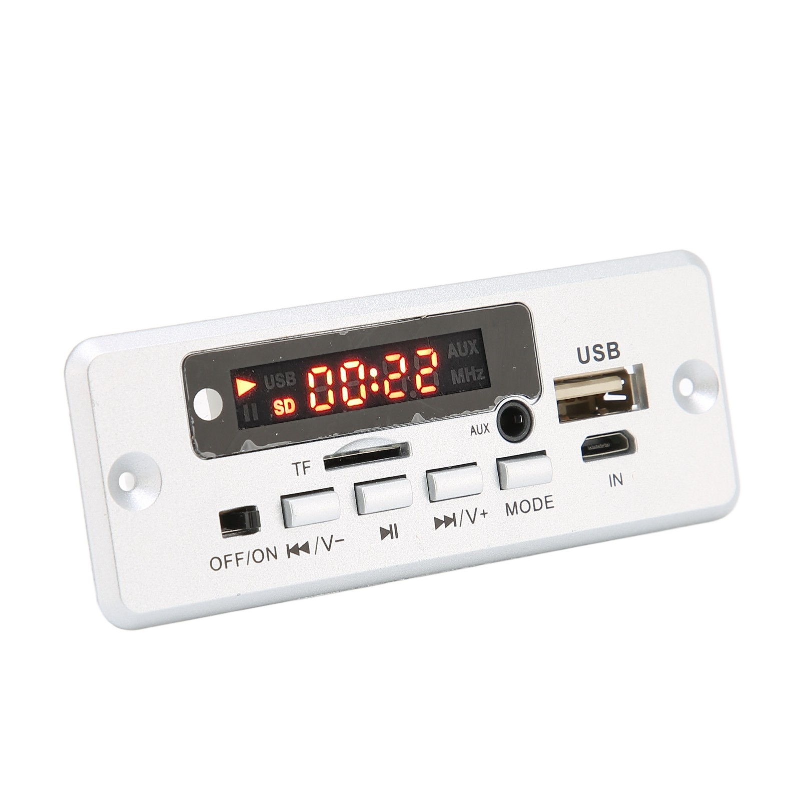 Silbernes MP3-Decoder-Modul mit Display, USB-, TF- und AUX-Anschlüssen.