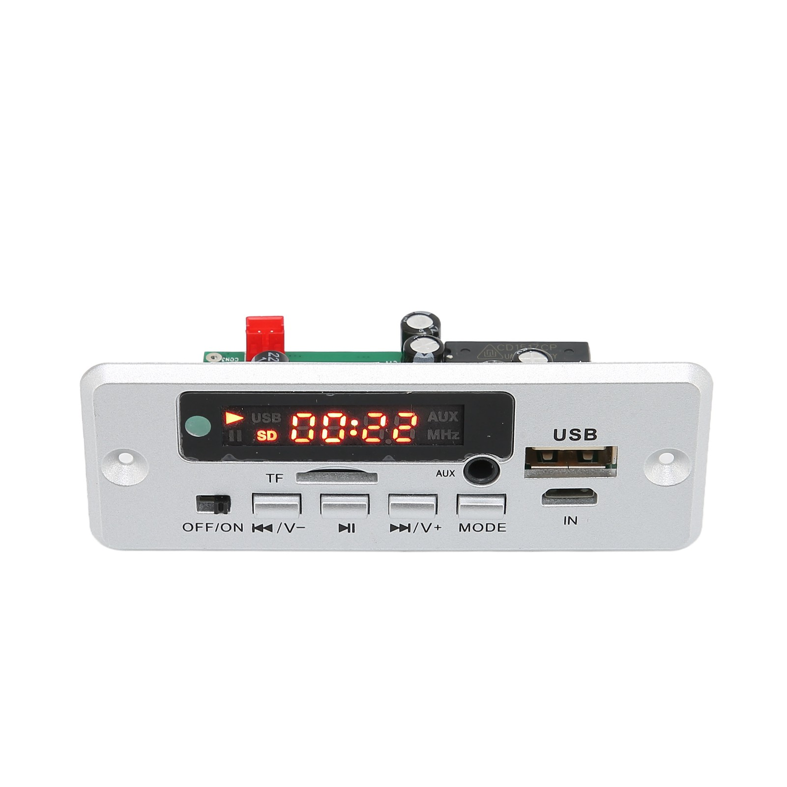 Silbernes MP3-Player-Modul mit Digitalanzeige (00:22), USB, SD, AUX-Anschlüssen.