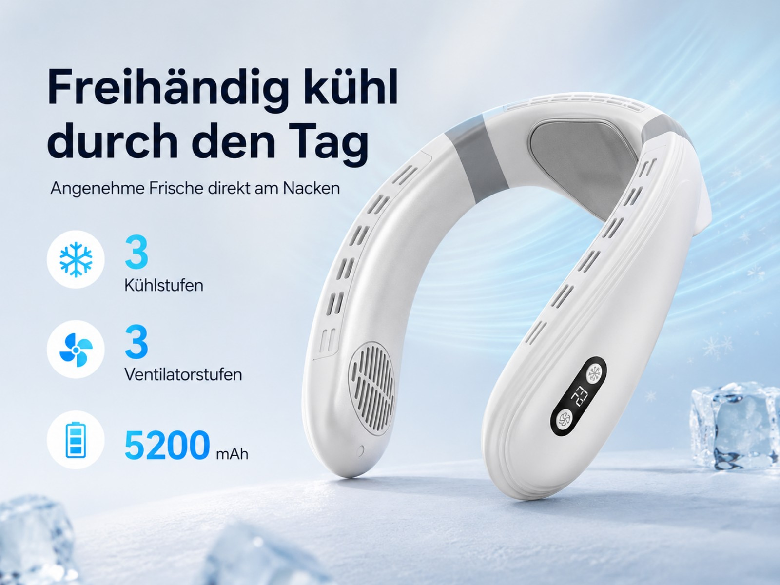 Ein weißer Nackenventilator mit 3 Kühl- und Ventilatorstufen, 5200 mAh Akku.