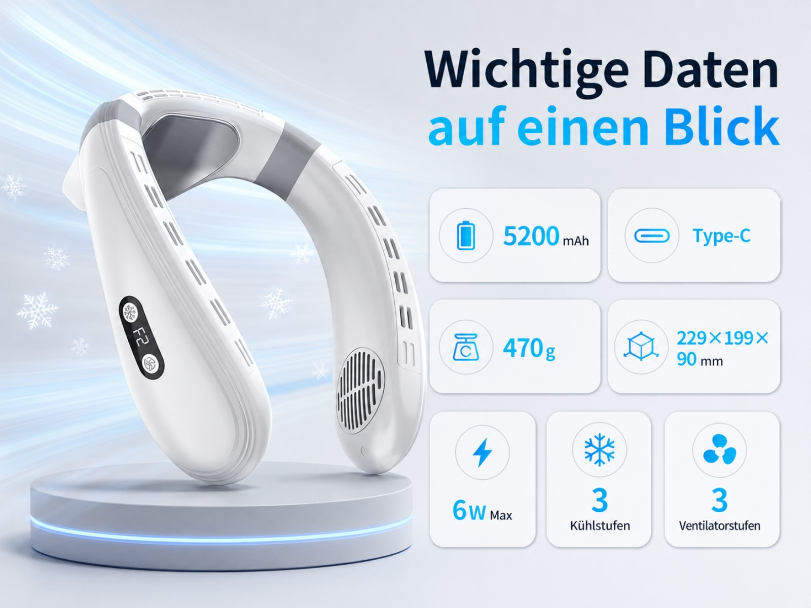 Ein weißer Nackenventilator mit grauen Akzenten auf einem Sockel, mit Spezifikationen wie 5200 mAh, 470g, 6W.