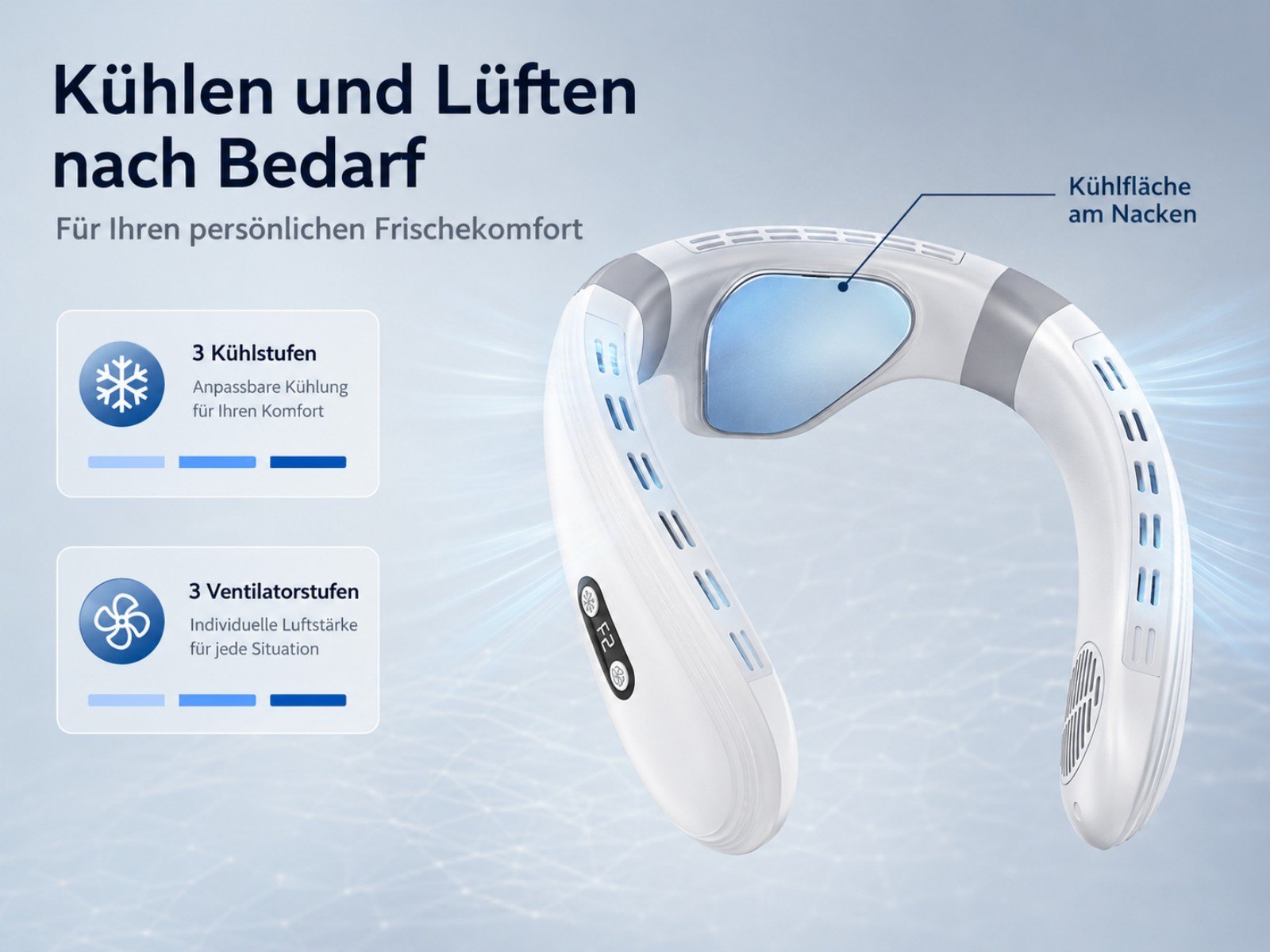 Ein weißer Nackenventilator mit blauer Kühlfläche. 3 Kühl- und 3 Lüfterstufen.