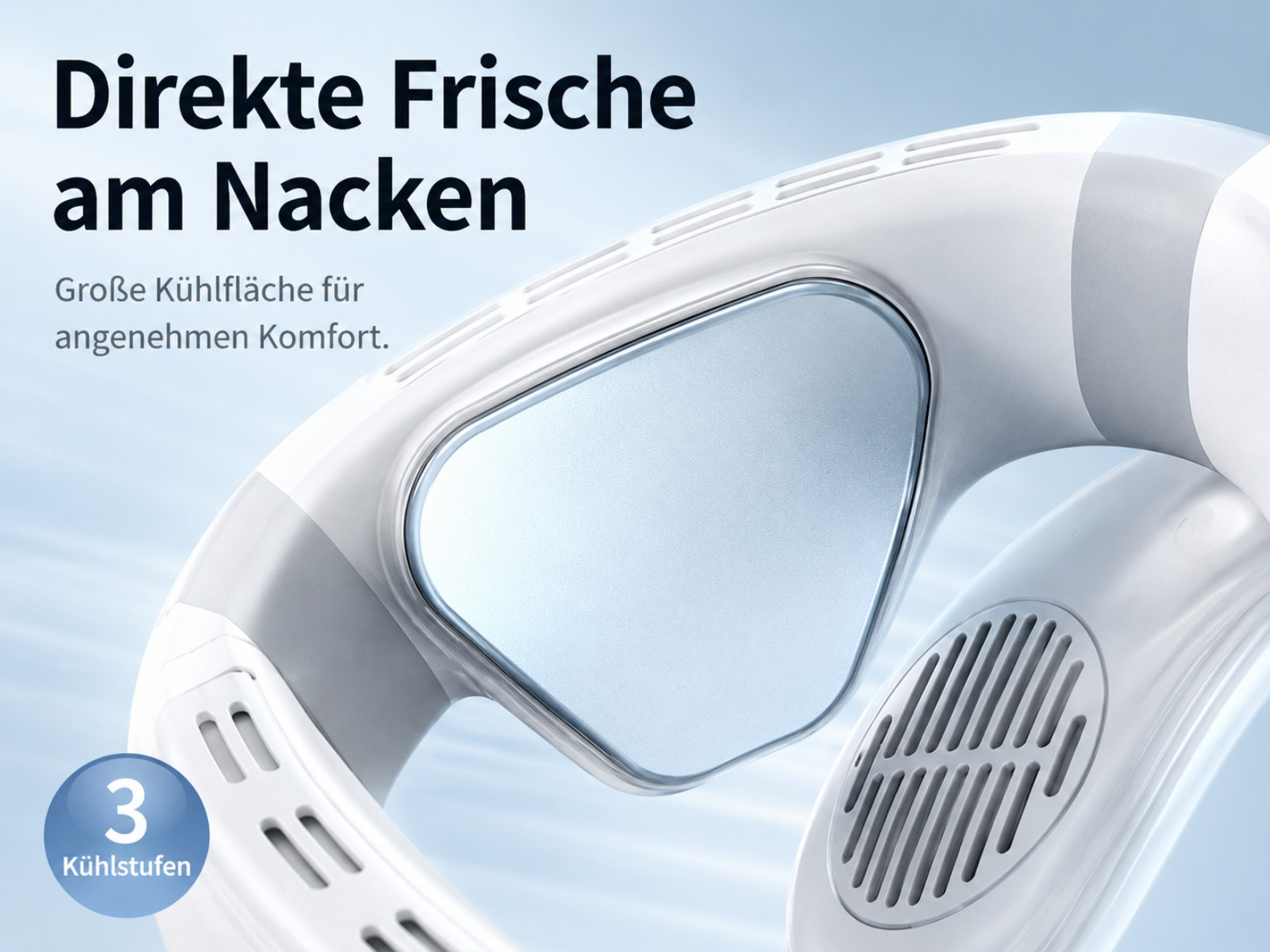 Ein weißes Nacken-Kühlgerät mit drei Kühlstufen.