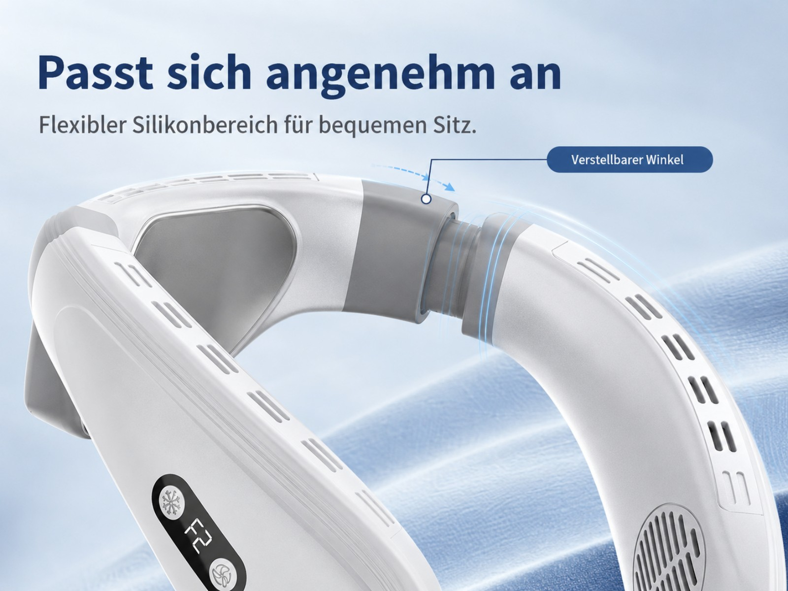 Ein weißer Nackenventilator mit flexiblen Silikonverbindungen, einstellbarem Winkel.