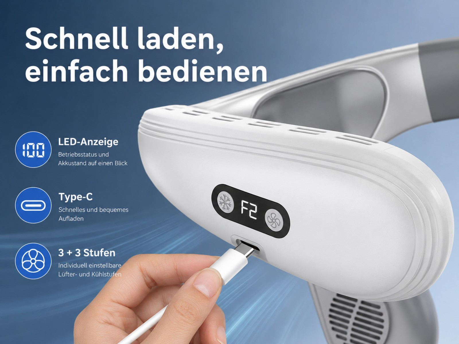 Ein weißer Nackenventilator mit Ladeanzeige, Typ-C-Anschluss und Lüfterstufen wird geladen.