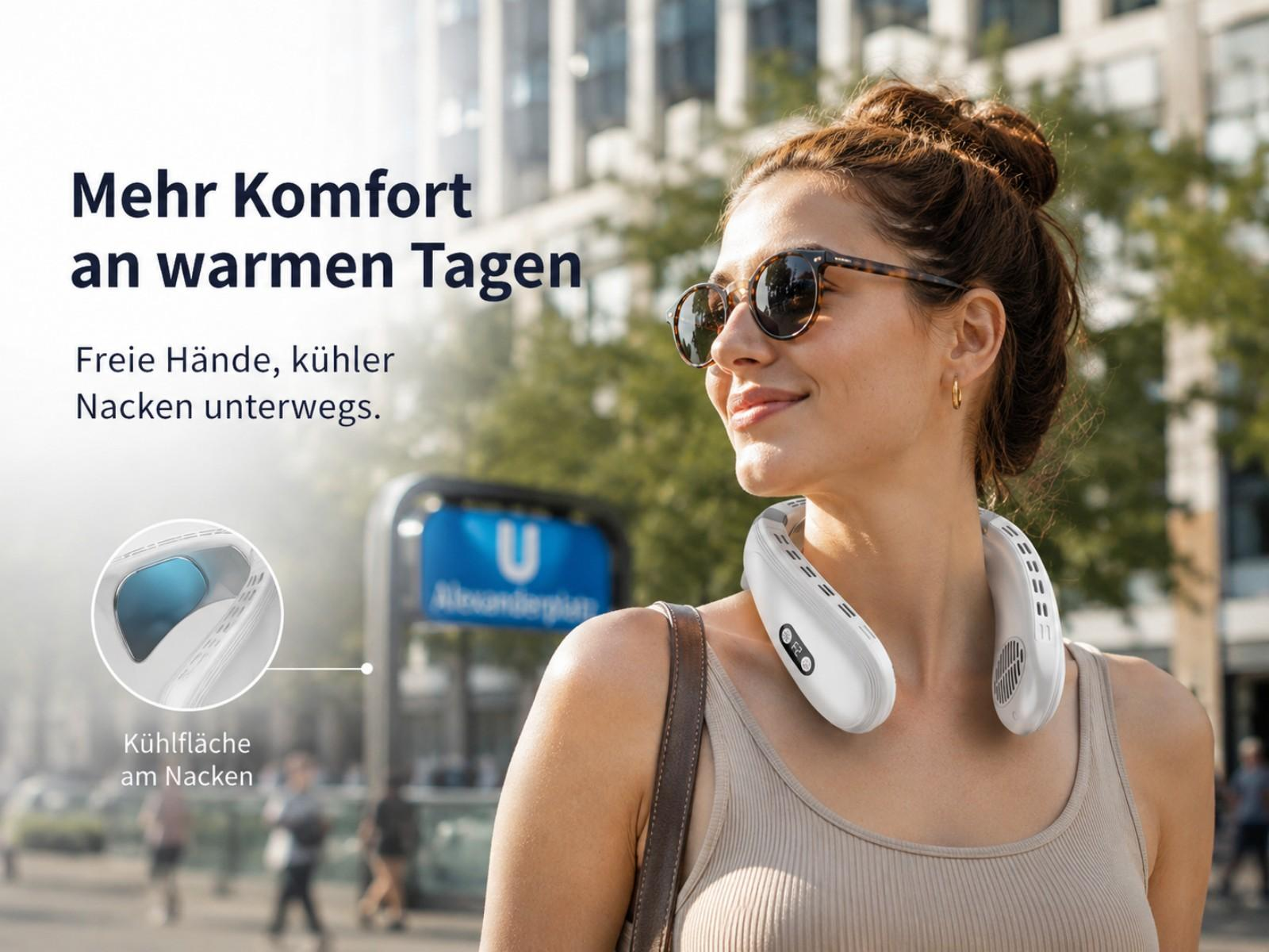 Frau mit Nackenventilator vor U-Bahnstation, Text: Mehr Komfort an warmen Tagen.