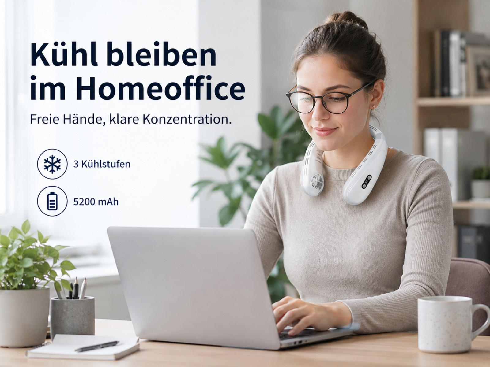 Frau mit Nackenventilator arbeitet am Laptop im Homeoffice.