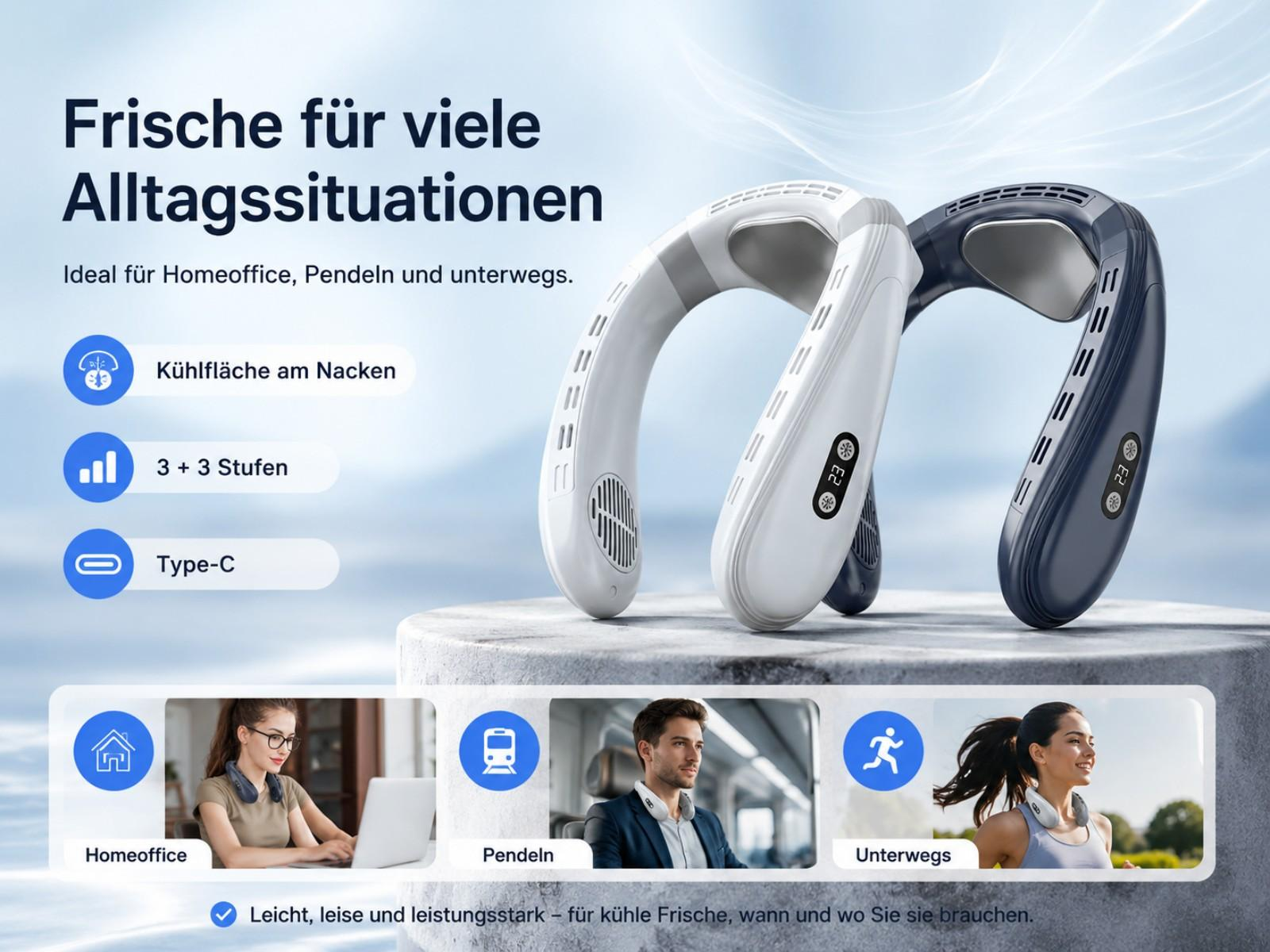 Zwei Nackenventilatoren, weiß und dunkelblau, mit Text und Bildern für Homeoffice, Pendeln, unterwegs.