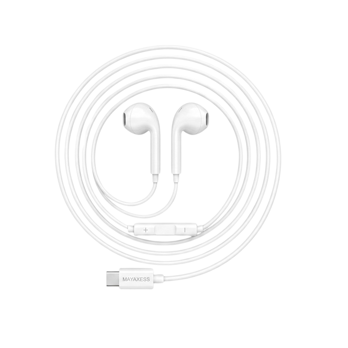 Auricolari bianchi con connettore USB-C e telecomando in linea su sfondo bianco.